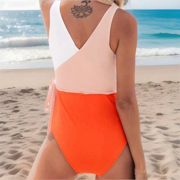 Cupshe Women One Piece Swimsuit Large Color Block V-Neck Wrap Front Tie Cheeky - Picture 2 of 9